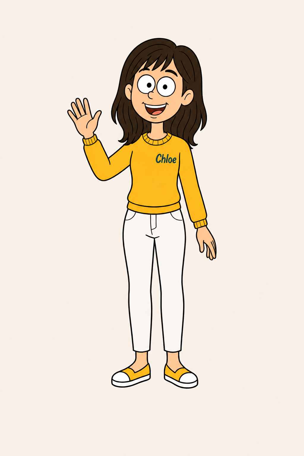 Mini Chloe, an illustrated version of me, waving hello